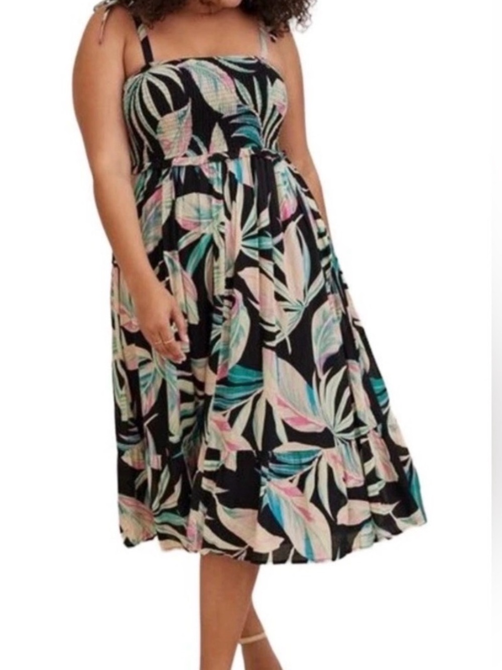 Black Tropical Print Smocked Sundress